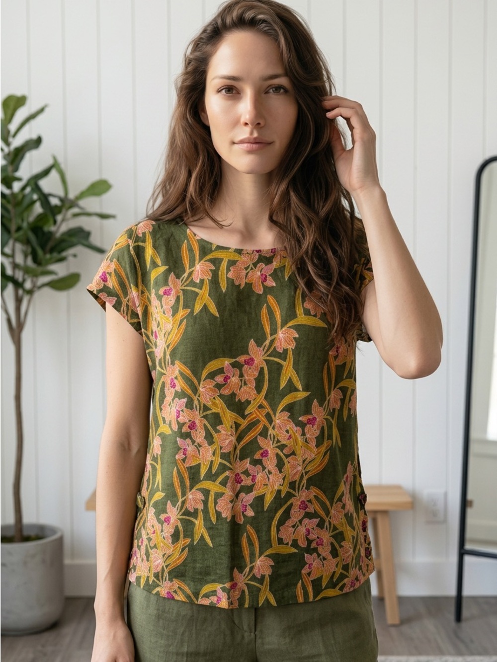 Rachel Zoe 100% Linen Sz Large Top Multicolor Floral Button Sides Casual Top